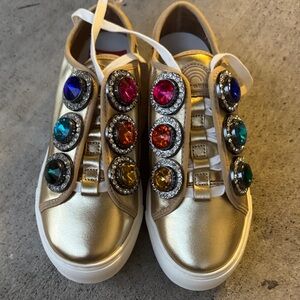 Kurt Geiger Gold Sneakers with Large Colorful Gem Accents
